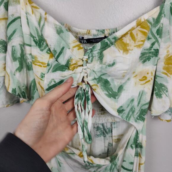 Zara Cutout Midi Dress Women XS White Floral Print Beachy Linen Slit White Lotus - Picture 3 of 9